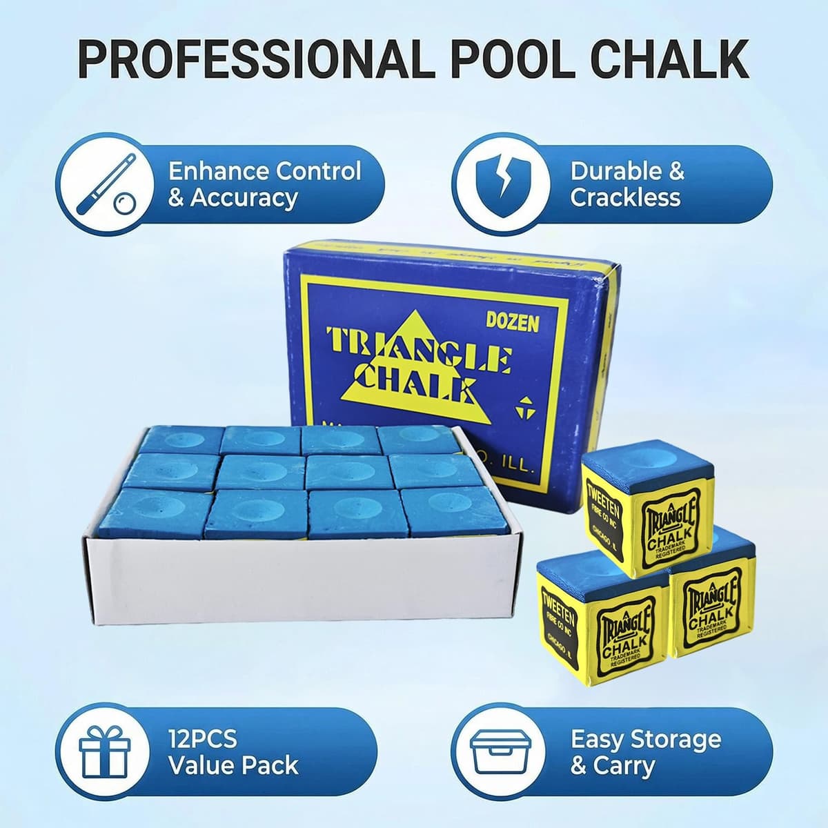 Juego Completo de 12 tizas de Billar Premium en Color Azul para Jugadores avanzados y Principiantes, máxima Durabilidad y precisión en Cada Partida de Billar o Snooker — view 3