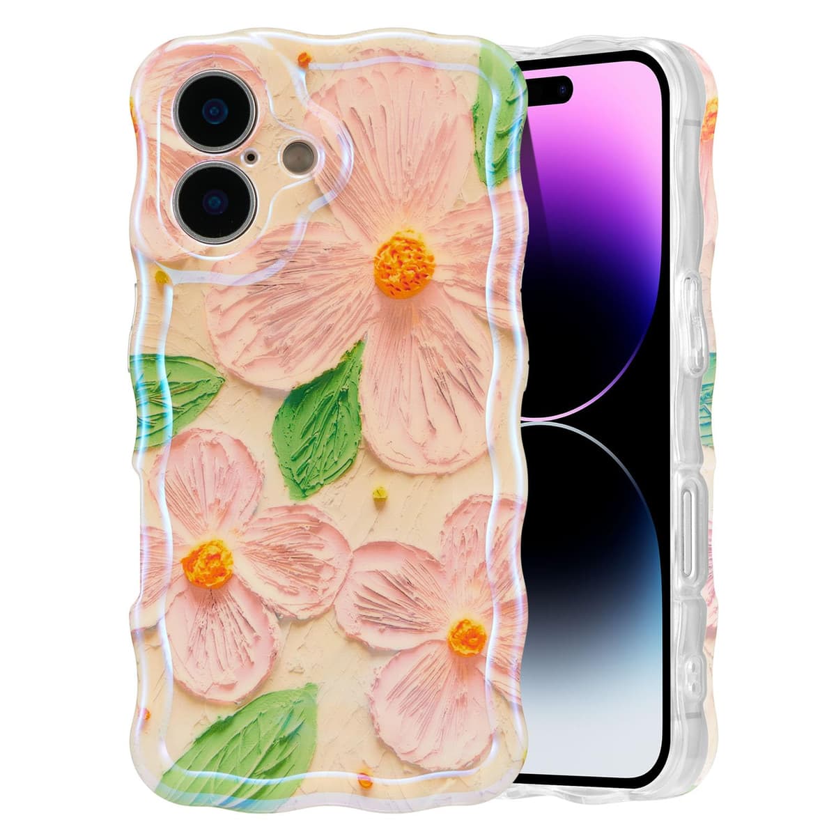EYZUTAK Case for iPhone 16, Colorful Retro Oil Painting Printed Flower Laser Glossy Pattern Cute Curly Wave Edge Exquisite Phone Cover Stylish Durable TPU Protective Case for Girl Women-Green — view 64