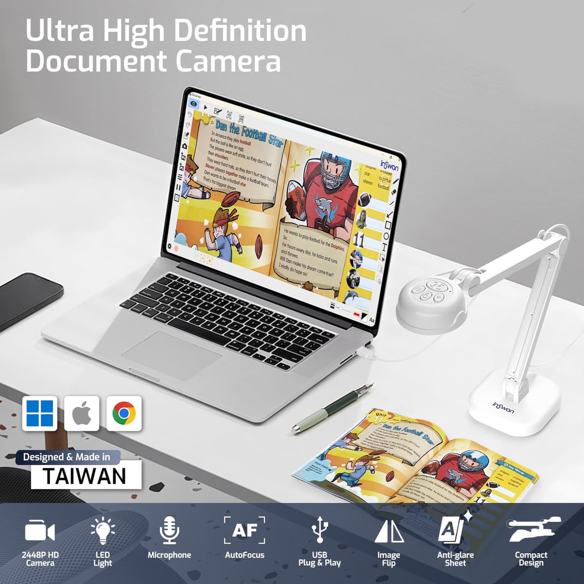 INSWAN INS-1 8MP Ultra High Definition USB Visualiser/Document Camera/Visualizer - Auto Focus, Visualiser for teaching, Compatible with Windows/MacOS/iPad/Chromebook (INS-1) — view 3