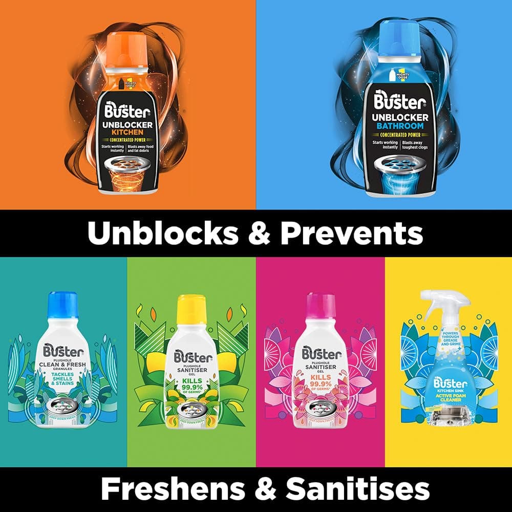 Buster Bathroom Drain Unblocker (Pack of 2 x 300ml) Fast-Acting Sink Unblocker Dissolves Hair, Sludge and Soap, Drain Cleaner Clears Blockages in Shower, Bath and Bathroom Sink Pipes - Made in UK — view 8