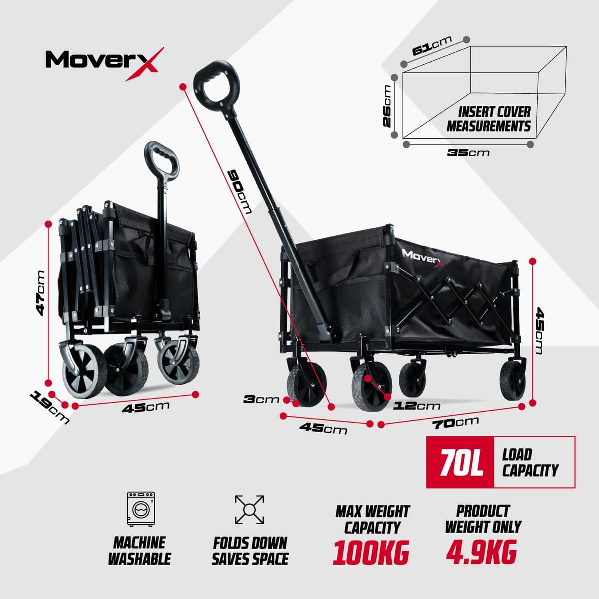 MoverX 70L Festival Trolley on Wheels, Folding Wagon, Portable Camping Cart, Collapsible Foldable Trolly for Beach Outdoor Garden Picnic Shopping Fishing, Adjustable Handle, Black — view 2