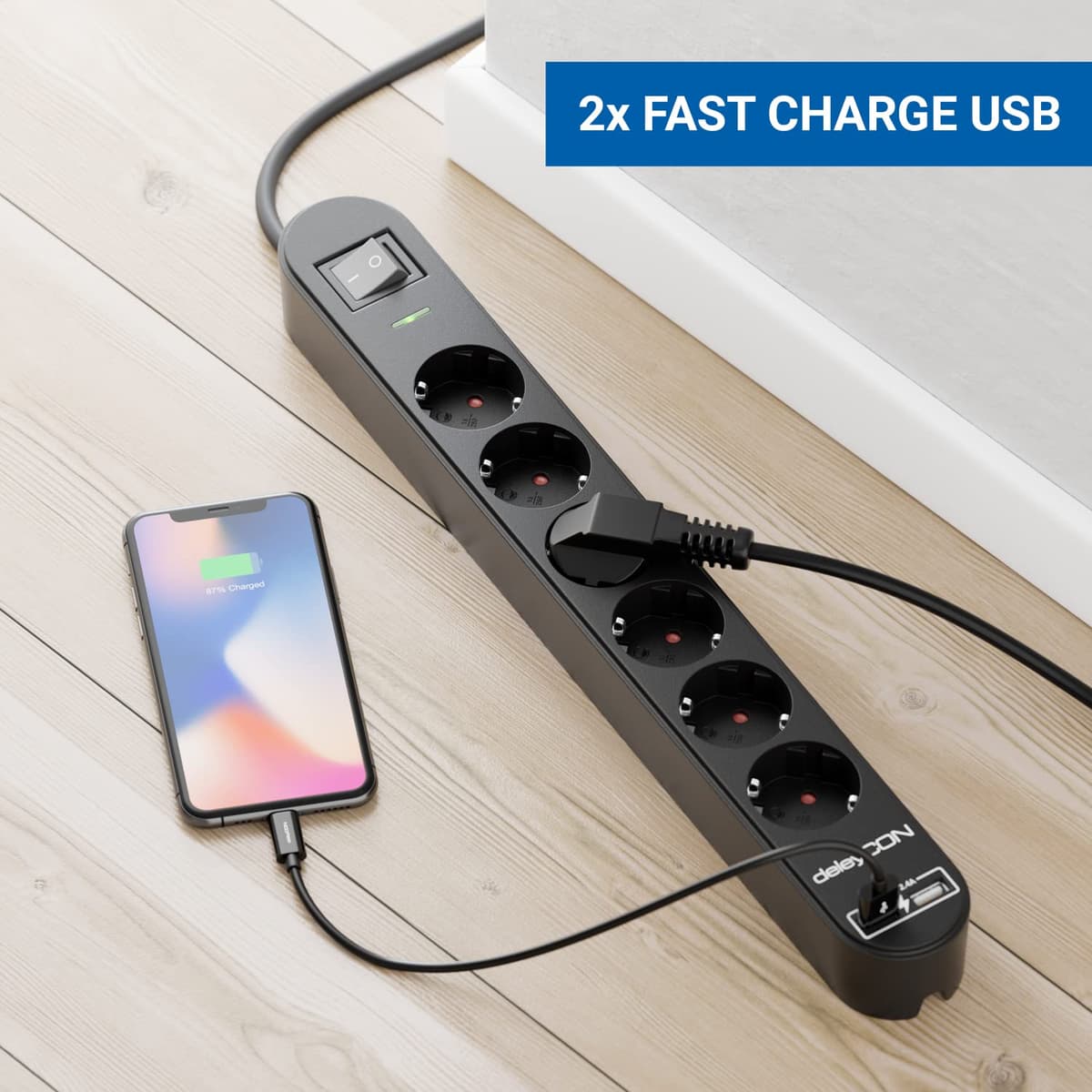 deleyCON Regleta con 1,5 m, Seis Tomas, Puertos USB, Dos Salidas USB-A para Cargar Móvil y Tableta, Protección contra Sobretensión, Interruptor, Negro — view 2