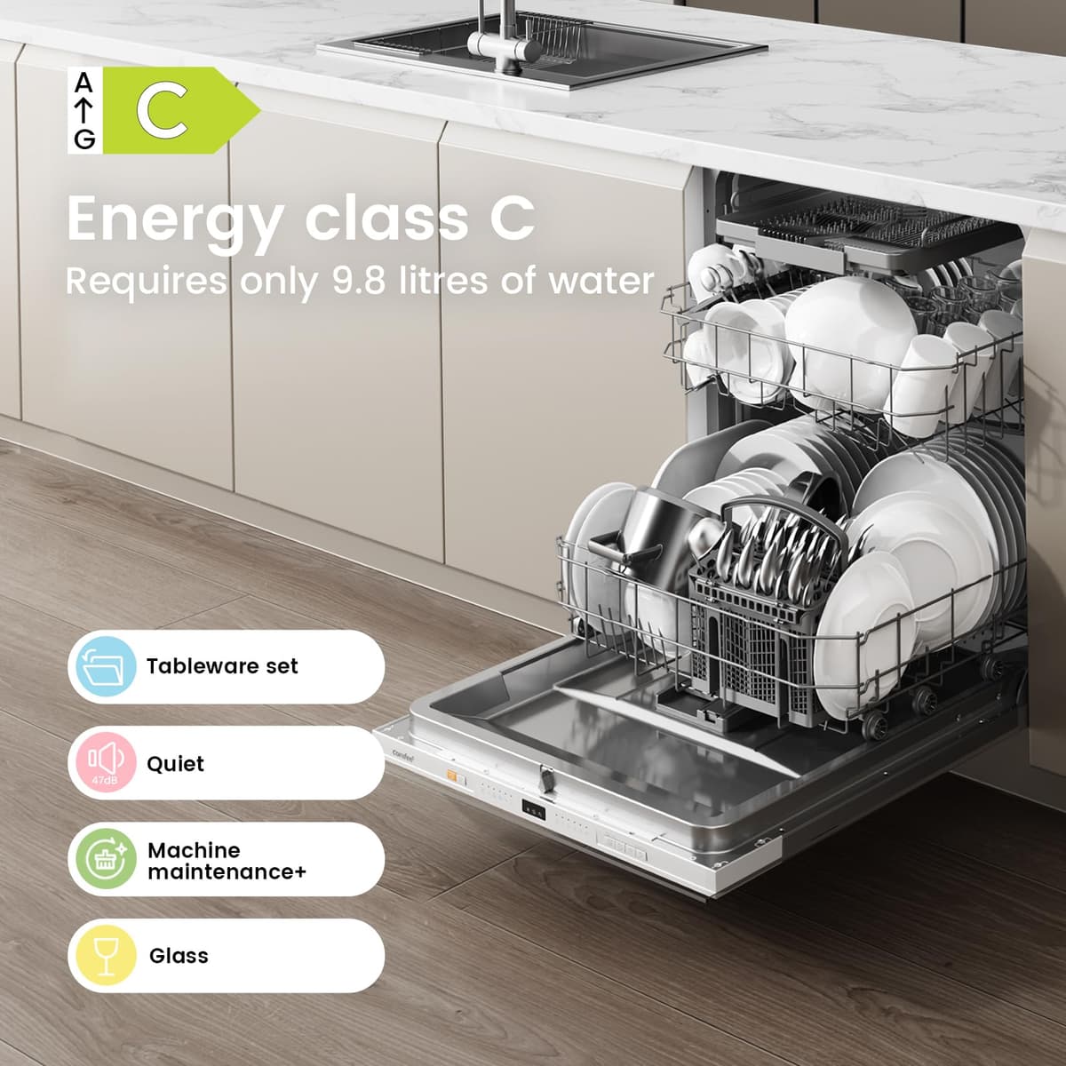COMFEE' Fully Integrated Dishwasher with 14 Place Settings, Wi-Fi Connected, 47dB Low Noise, Built-in Dishwasher with Rapid Wash, Half-load, Auto Door Open Drying-CDWPF1415P-UK — view 4