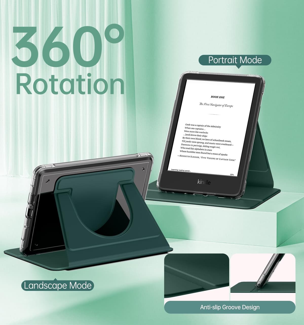 MoKo 360° Rotating Case for 6" All-New Kindle (11th Generation-2024/2022 Release), Clear Back Detachable Magnetic Protective Adjustable Stand Cover with Auto Wake/Sleep, Midnight Green — view 4