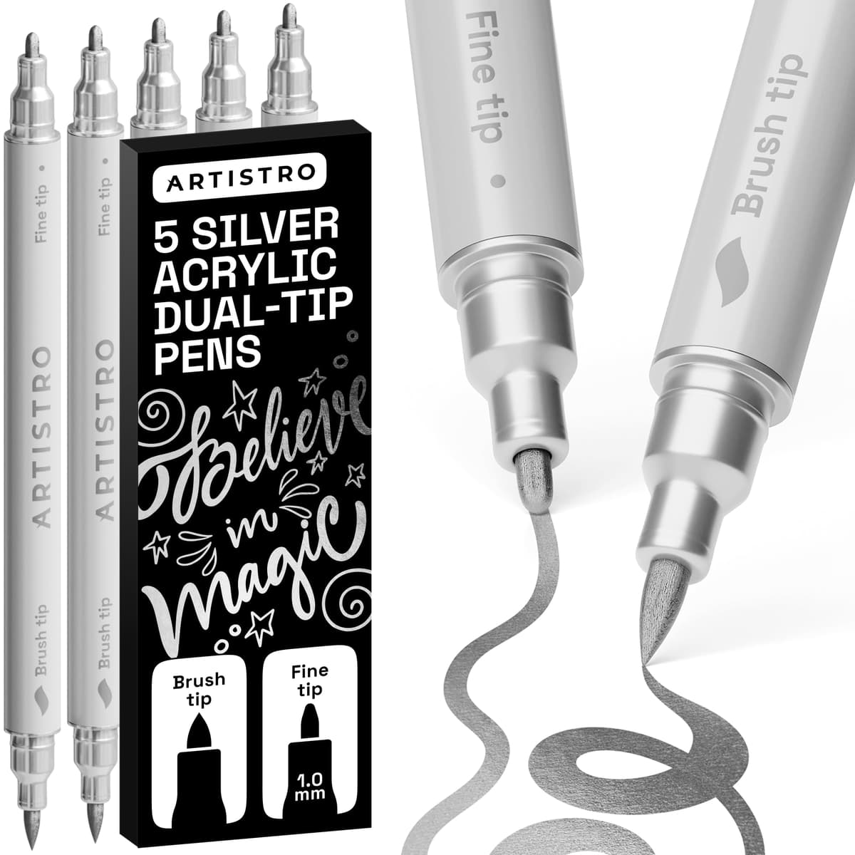 ARTISTRO 5 Black Acrylic Paint Pens – Dual Tip (Brush & Fine) Markers for Fabric, Canvas, Rock, Glass, Wood – Calligraphy, Scrapbook Supplies DIY & Gift for Kids, Teens - Art Set — view 18