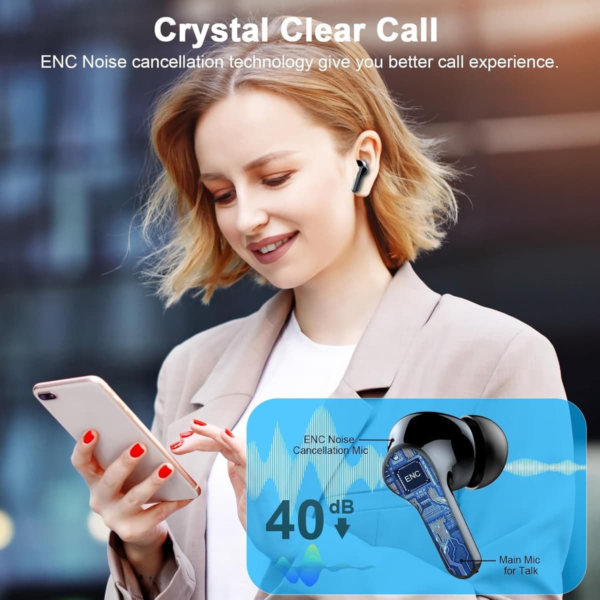 Wireless Earbuds, 2026 Bluetooth 5.4 Headphones, 50H Playtime Ear buds HiFi Stereo with 4 ENC Noise Cancelling Mics, IP7 Waterproof Earbuds with LED Display, Fast Charging, In Ear Earphones Deep Bass — view 3