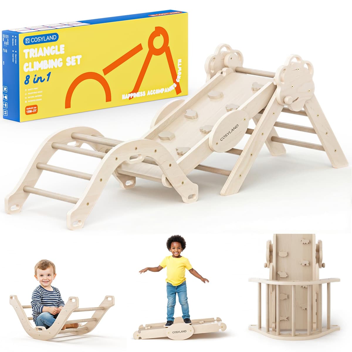 COSYLAND 8 en 1 Triángulo de Escalada Montessori con Arco y Rampa, Set Plegable Infantil, Juguete de Madera Resistente para Interior, Niños 18 Meses-6 años, Natural/Madera Clara, Mediano