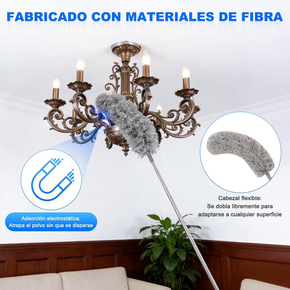 Apasiri Plumero de Plumas con Poste Telescópico Largo y 2 Cabezales de Microfibra Lavables, Herramienta de Limpieza Extensible para el Hogar, Techo y Zonas de Difícil Acceso, Sin Arañazos, Fácil de — view 2