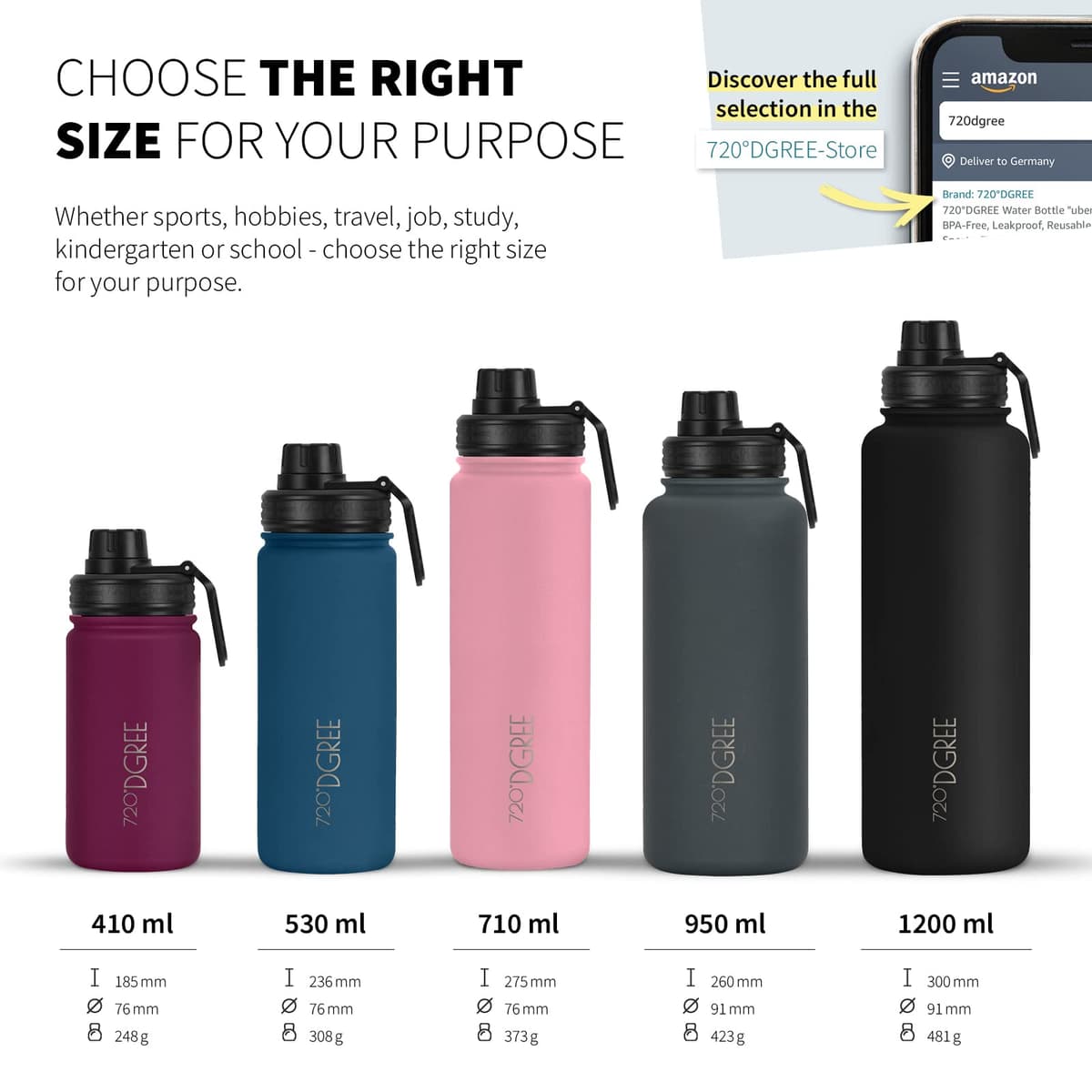 720°DGREE Botella Agua Termo Acero Inoxidable “noLimit“ – 410ml, 530ml, 710ml, 950ml, 1200ml - Sin BPA Free, Antigoteo y Prueba de Fugas - Frasco térmico, Cantimplora Aislada +Cubierta Deportes Gratis — view 2