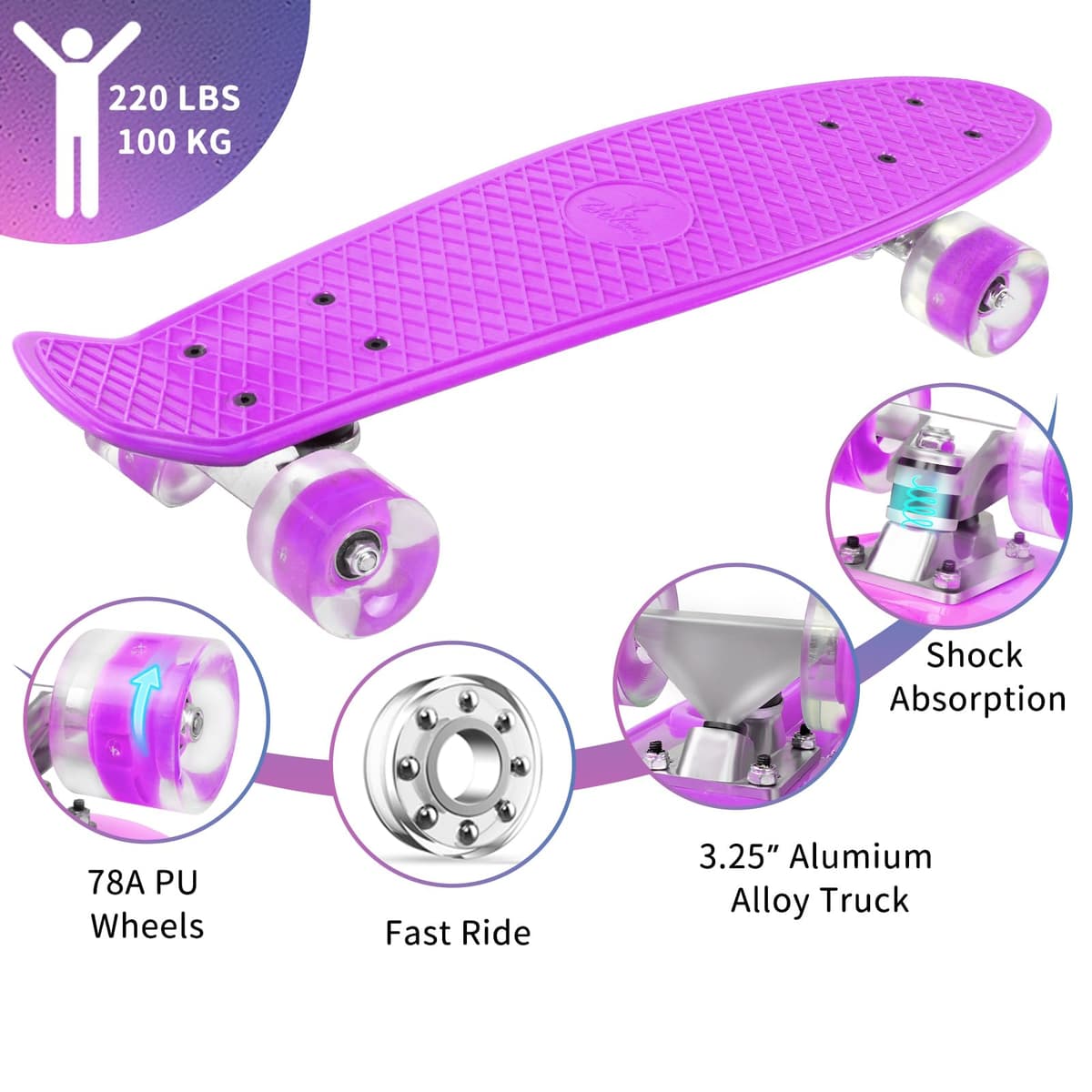 BELEEV Skateboard Complete 22 x 6 Inch Mini, para Niños, Adolescentes, Principiantes, Ruedas con luz LED de PU con Herramienta en T para Patines Todo en Uno, Monopatín 55cm — view 4