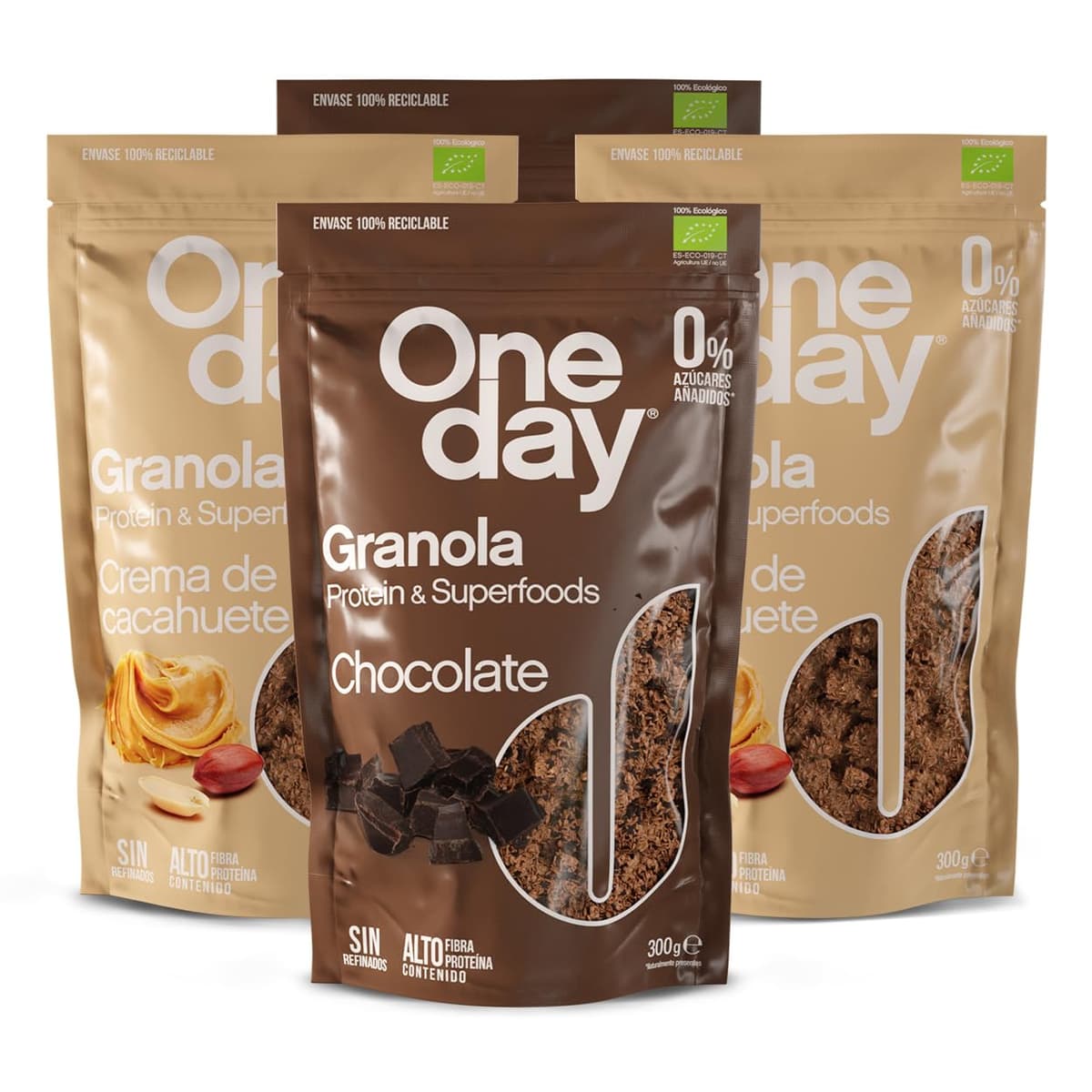 ONE DAY Granola Ecologica, Sin Azucares Añadidos, Alto en Proteína con Superfoods, Altro en Fibra, Pack 4 Variado x 300g (Pack Original x2 + Chocolate x2) — view 2