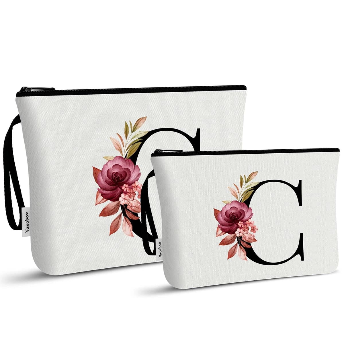 Vavabox 2 Pcs Initial Toiletry Bags Set,Birthday Gifts for Women,Travel Portable Makeup Bag with Handle (C, White)