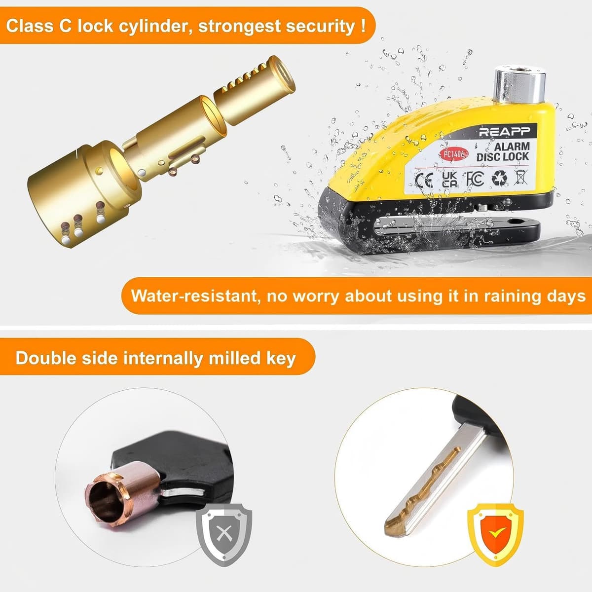 REAPP Alarm Disc Lock Motorbike Lock, Disc Brake Lock 110db with Reminder Cable and Carry Pouch, High Security Disc Lock for Motorcycle Bike Moped Motocross — view 4