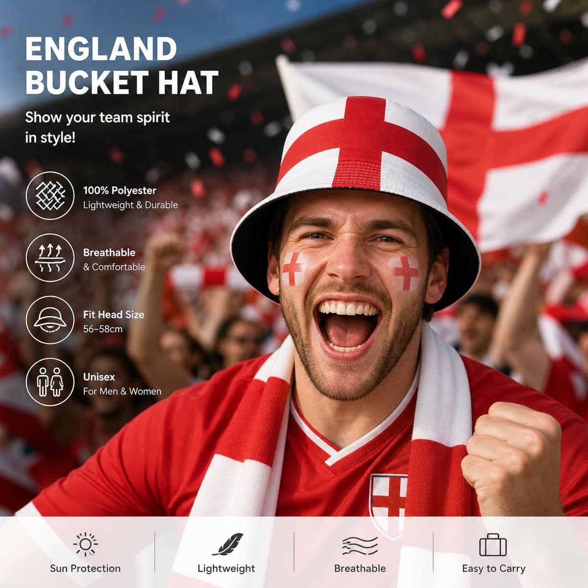 YESAH England Bucket Hat for World Cup,St Georges Cross Football Fan Sun Hat,England Fan Accessories Merchandise for 2026 Match Essential,Reversible 56-58cm,Men&Women White,Red — view 2
