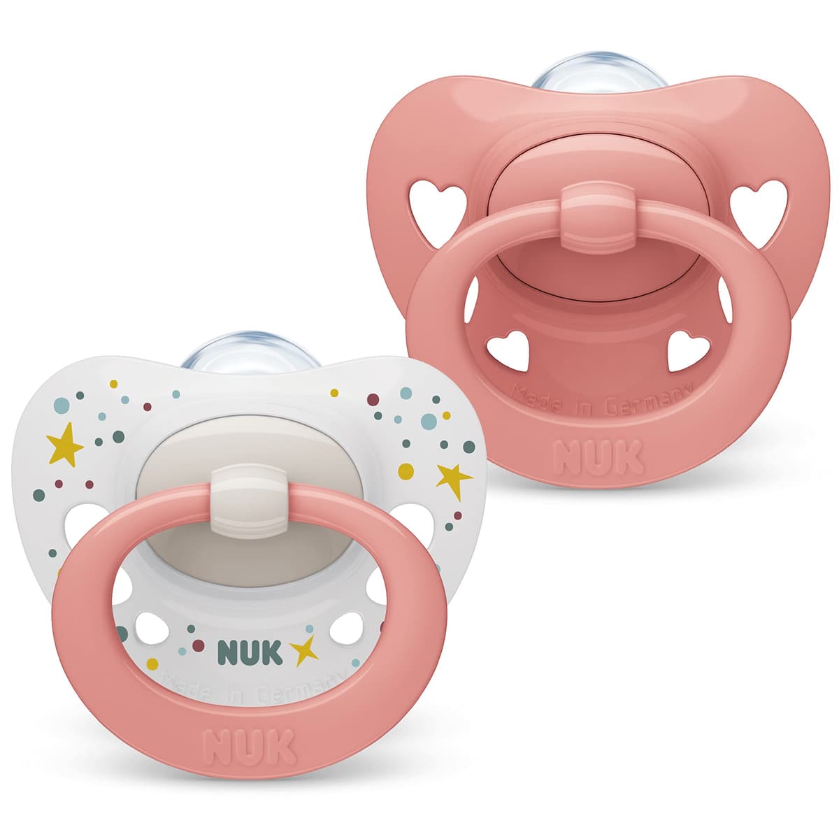 NUK Signature Baby Dummy | 0-6 Months | Soothes 95% of Babies | Heart-Shaped BPA-Free Silicone Soothers | Includes Case | Pink Hearts | 2 Count
