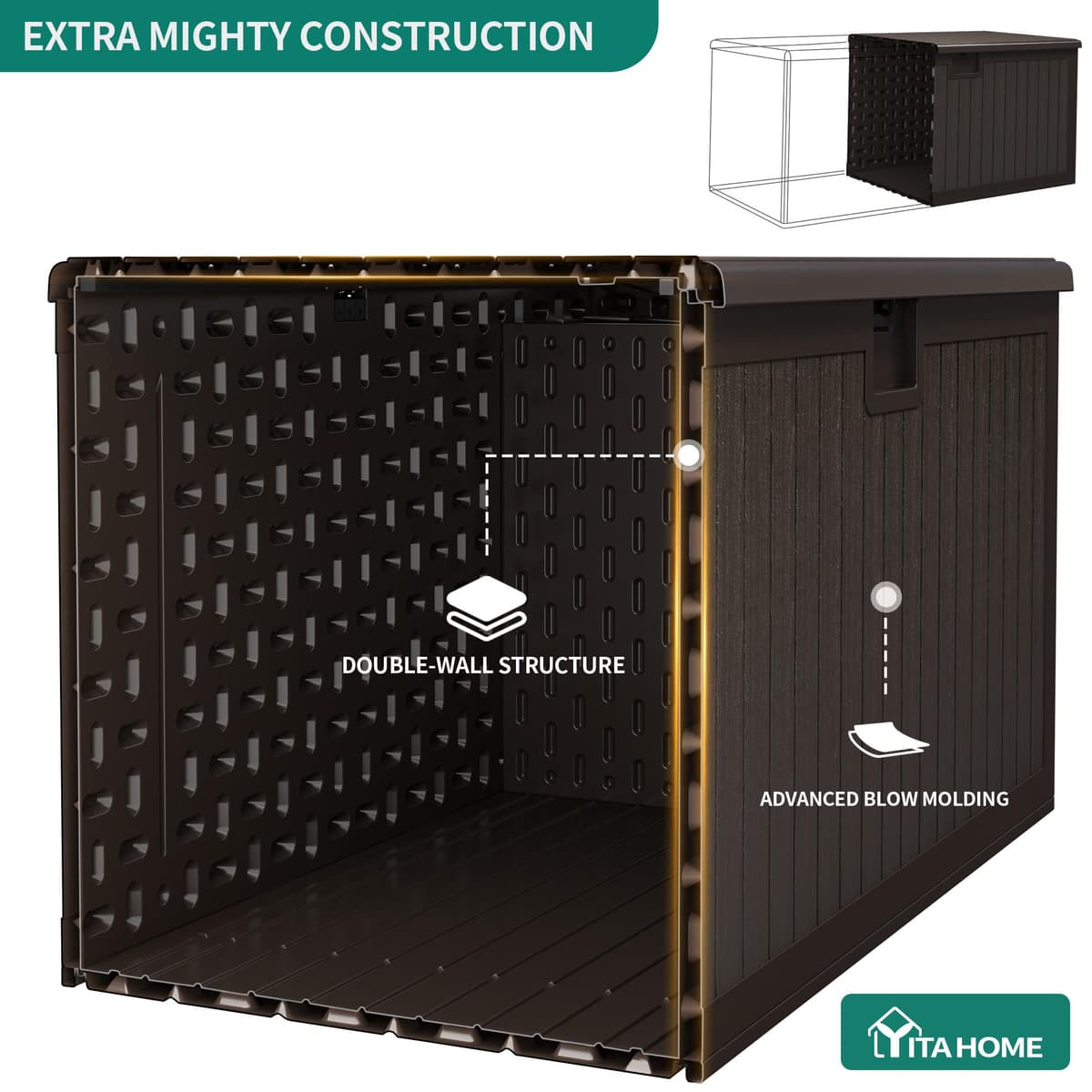 YITAHOME Garden Storage Box Outdoor 567.8L, Heavy-Duty Waterproof Resin Deck Box with Lockable Lid, All-Weather Storage Bench for Patio Furniture, Cushions, Pool & Garden Tools, Brown — view 4