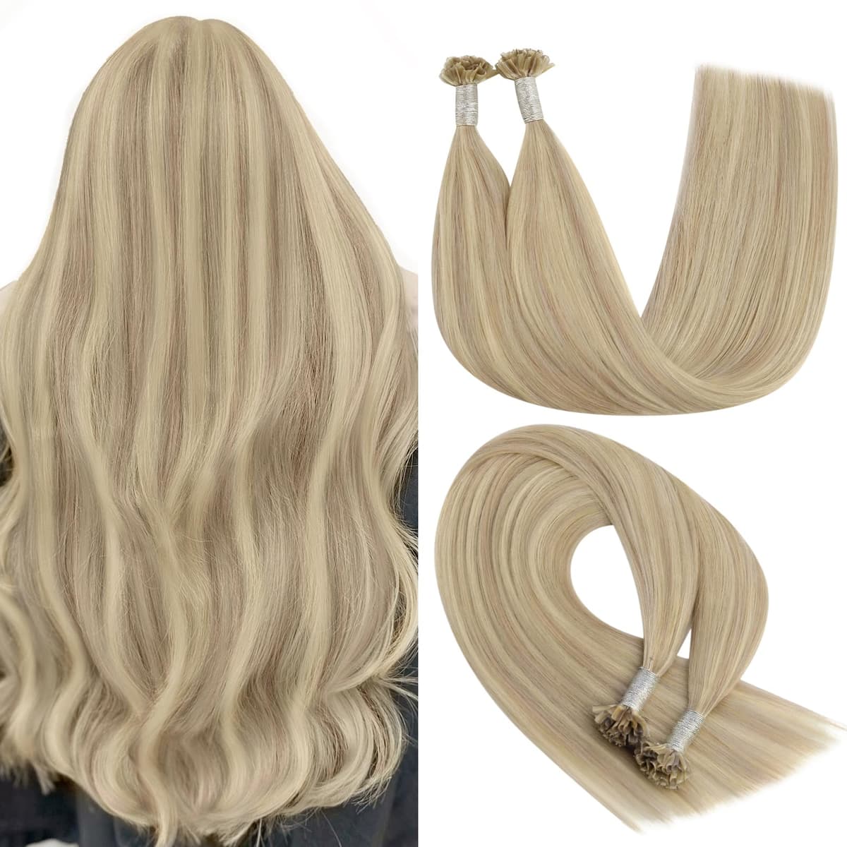 YoungSee Nano Hair Extensions Blonde 16inch Nano Beads Hair Extensions Warm Ash Blonde Highlight Bleach Blonde Nano Ring Hair Extension Highlight for School Soft Cold Fusion 50s 50g — view 53
