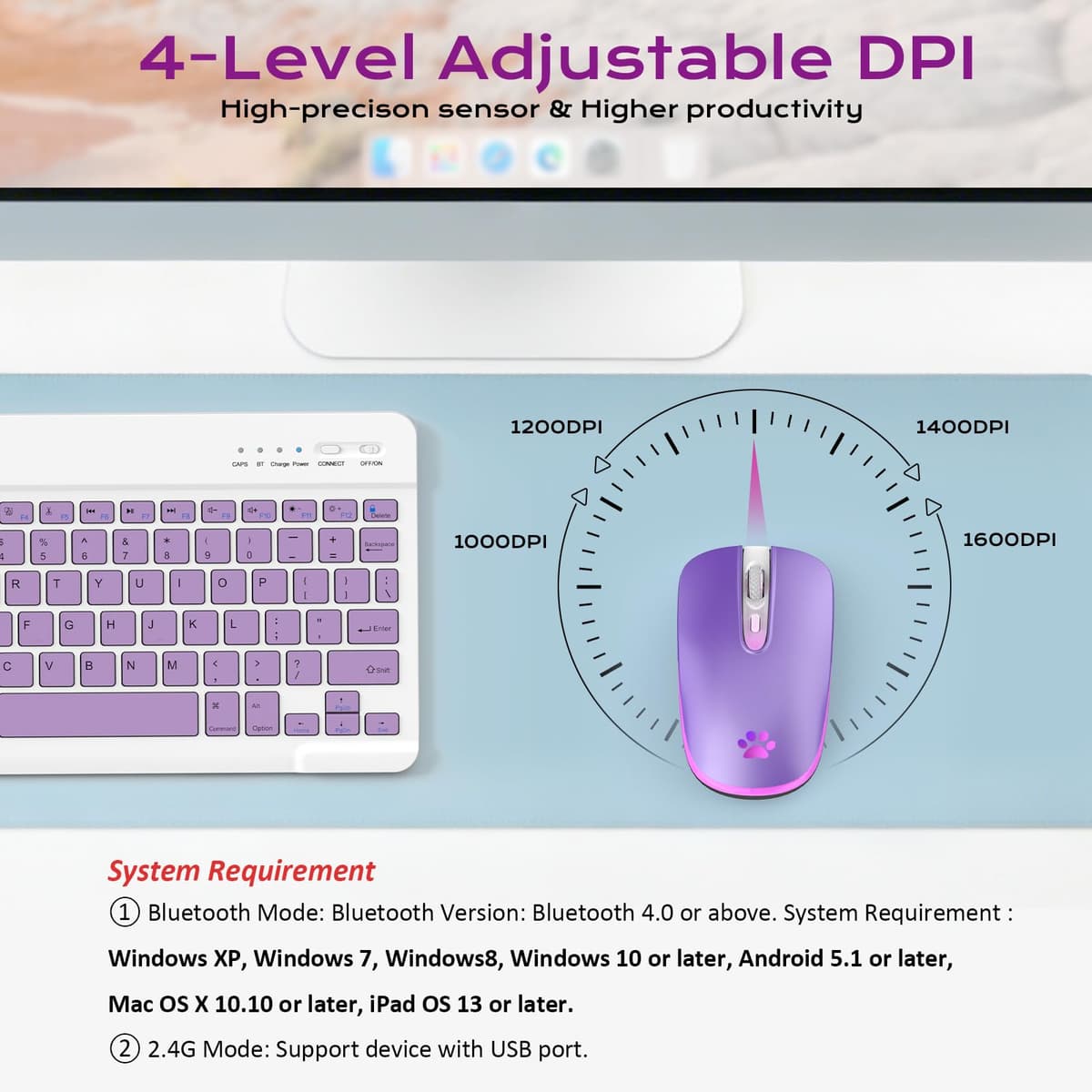 Wireless Mouse, 2.4G & Bluetooth Mouse for Laptop Slim Silent Mice with USB Receiver, 7 Color Backlit LED, 1000/1200/1400/1600 DPI Optical Computer Mice, Compatible with PC, Mac, Laptop, Purple — view 3