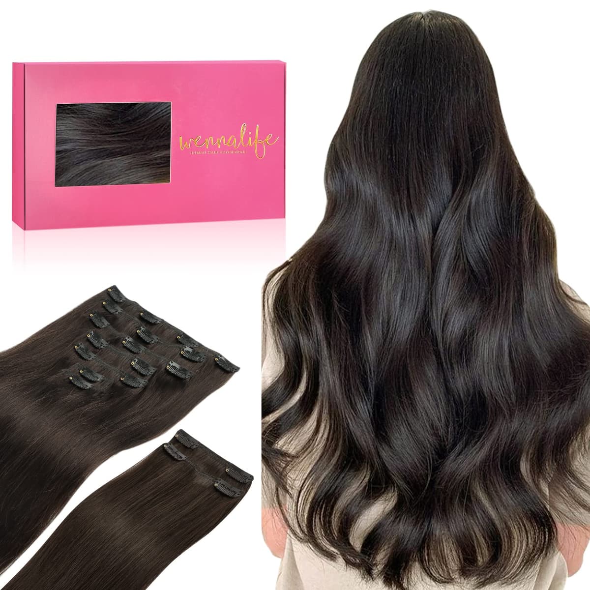 WENNALIFE Extensiones de Clip de Pelo Natural, Castaño Oscuro 150g 50cm 9 Piezas Extensiones Pelo Natural Remy Cabello Humano Extensiones Pelo Natural Clip Double Weft Extensiones de Clip
