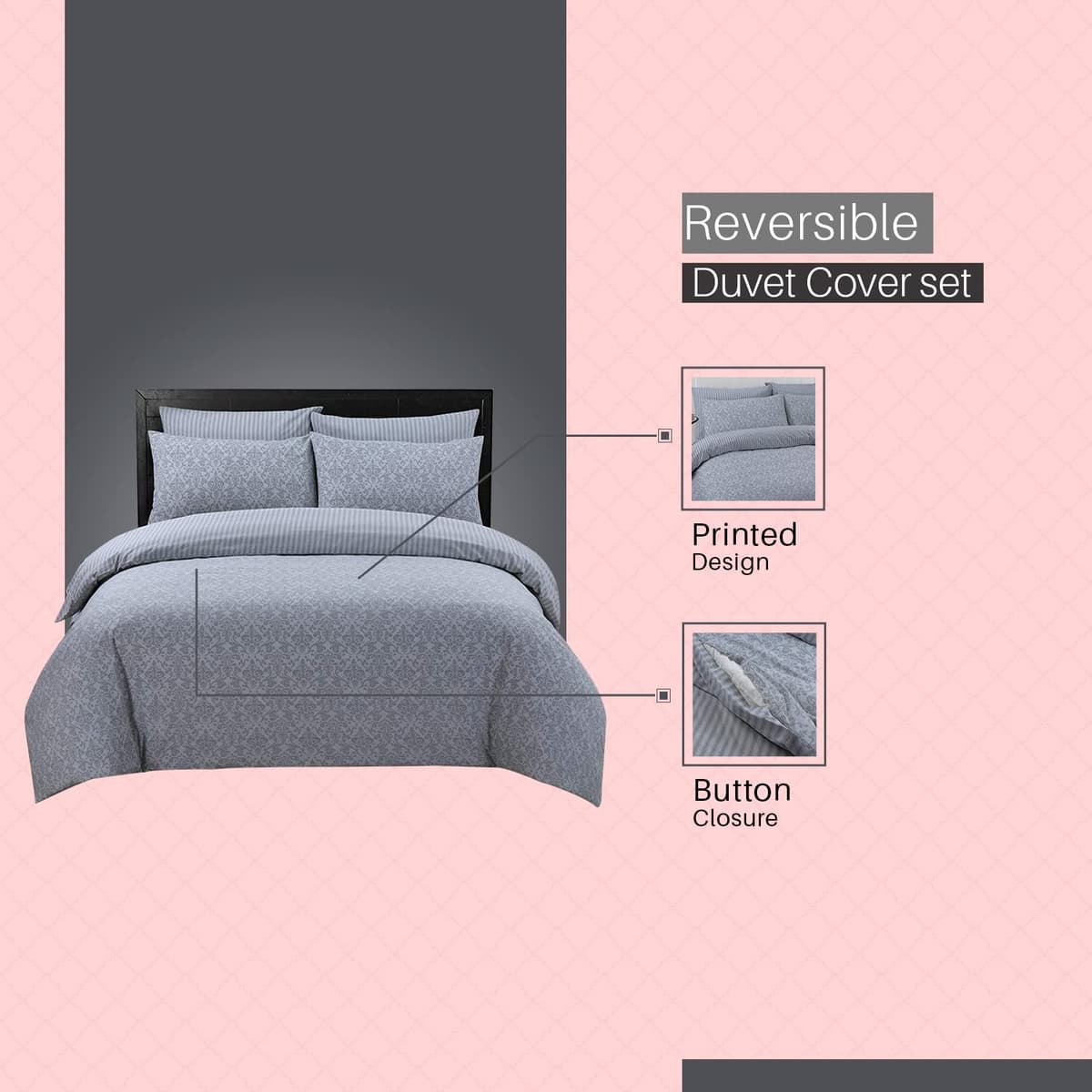 DTEX HOMES Double Duvet Set 100% Pure Cotton Reversible Printed Hotel Quality Duvet Cover Ultra Soft Easy Care double bedding Set Super Soft and Luxury Duvet Cover Sets (Balia Silver) — view 2