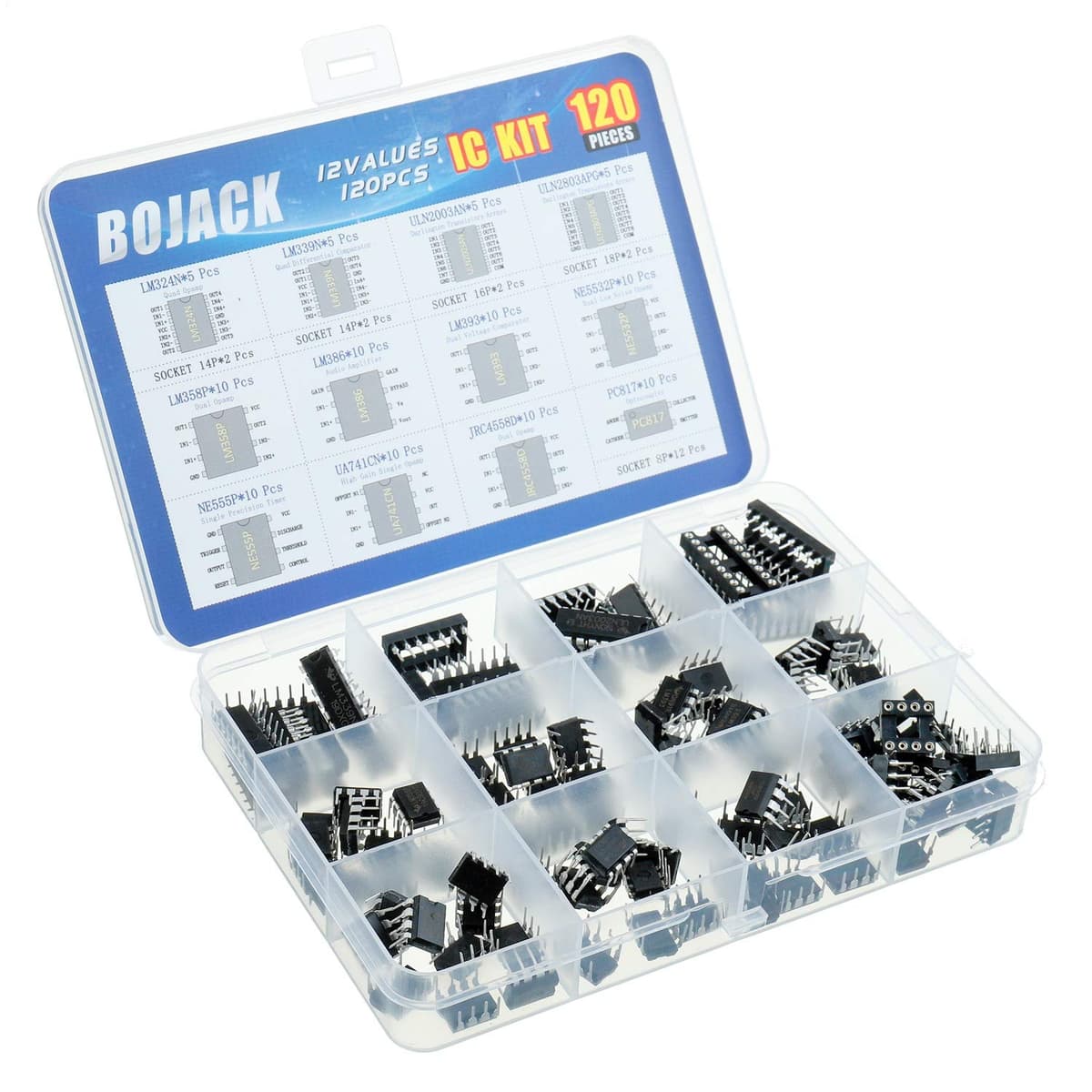 BOJACK 12 Values 120 Pcs IC Opamp Timer Darlington Phototcoupler oscillator pwm LM324 LM339 ULN2003AN ULN2803APG LM358P LM386 LM393 NE5532P NE555P UA741CN JRC4558D PC817 Assortment Kit — view 2