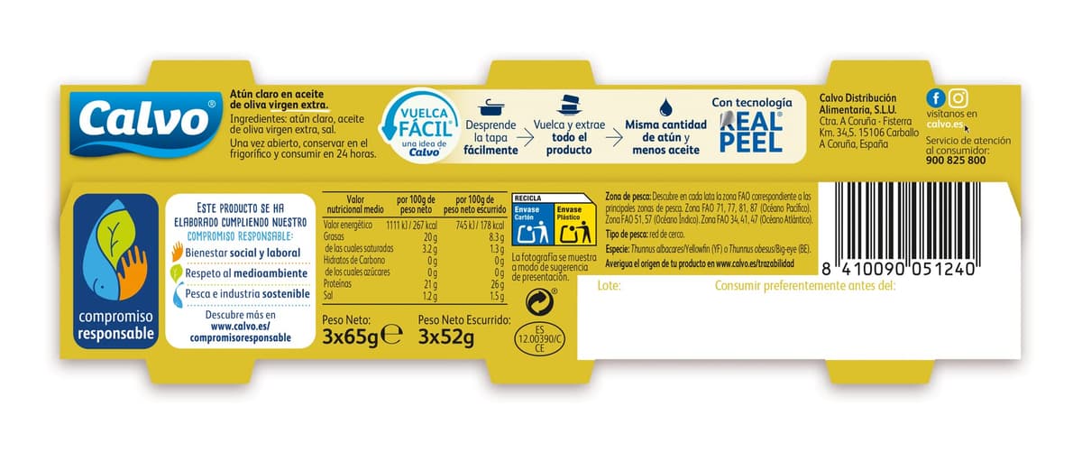 Calvo Atún Claro en Aceite de Oliva Virgen Extra Pack3 x 65g — view 2