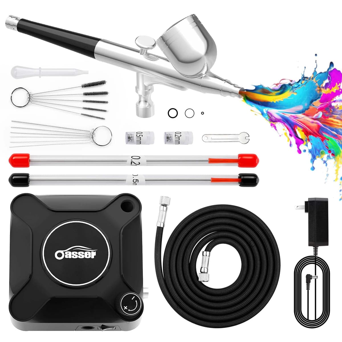 Oasser Kit Aerógrafo con Compresor Profesional Airbrush 36PSI Doble Acción Juego Pistola Regulación Voltaje Continua Modelos Decoración Tartas Uñas