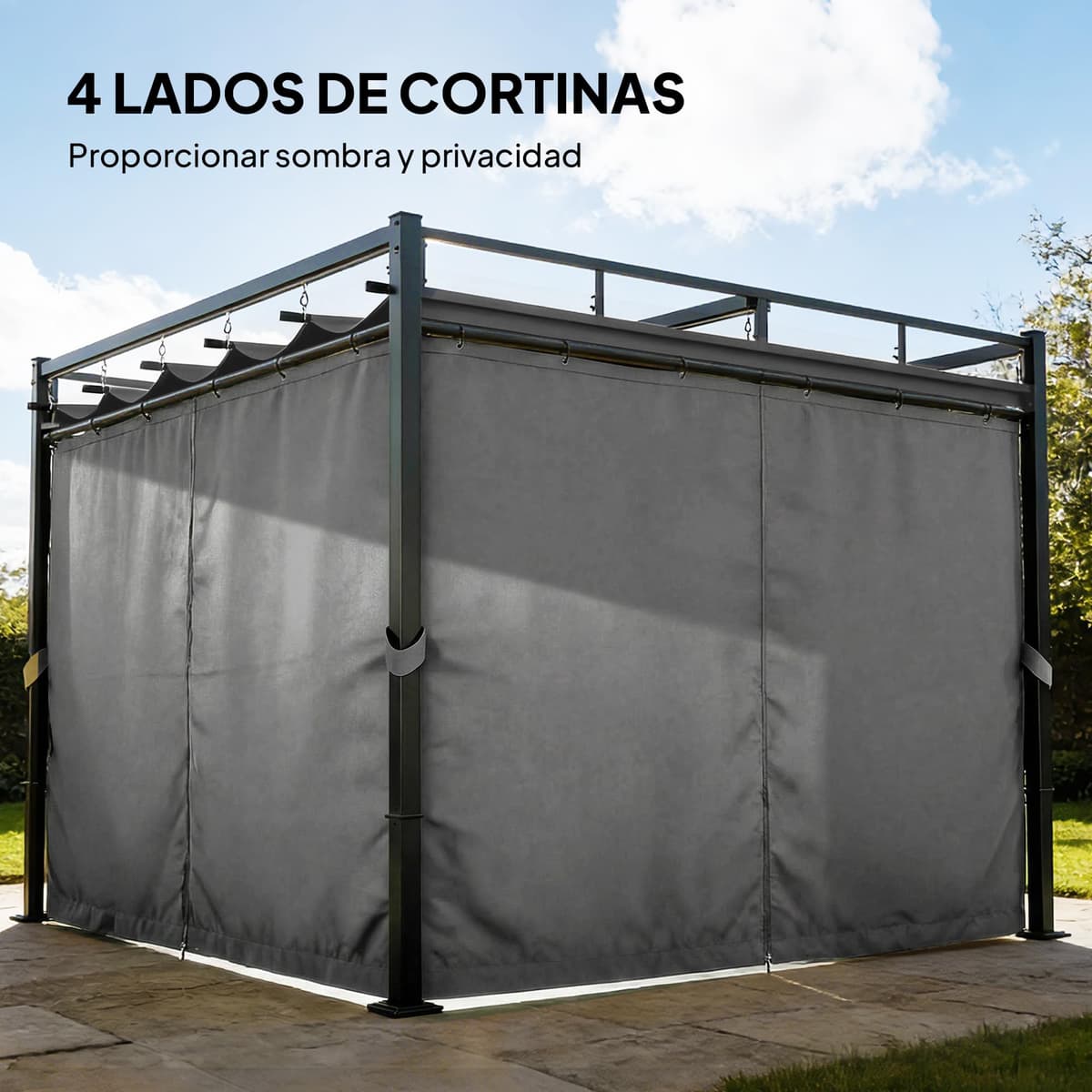 Outsunny Pérgola de Jardín 3x3 m con Techo Retráctil y 4 Cortinas, Cenador de Jardín con Protección UV30+, Impermeable, Estructura Metálica, Pabellón para Patio, Terraza, Exterior, Gris Oscuro — view 4