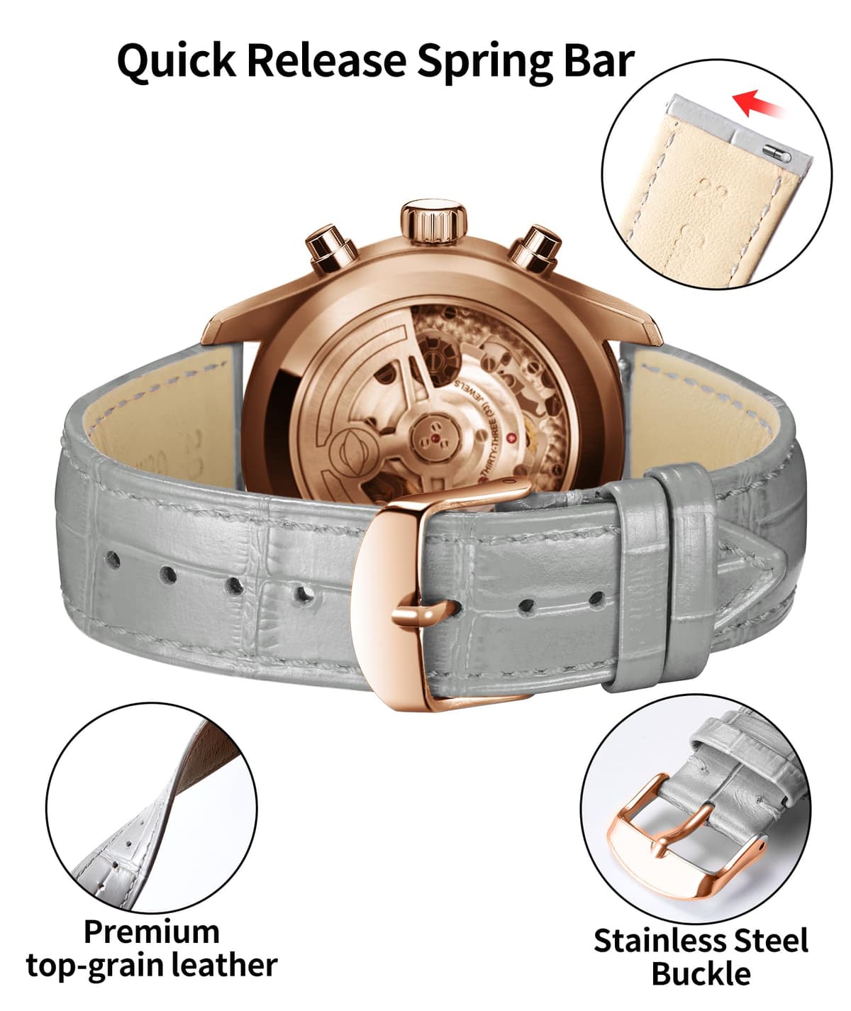 BINLUN Quick Release Leather Watch Straps Replacement Watch Bands Smart Watch Strap Crocodile Pattern in 10 Colors 13 Sizes with Silver/Gold/Rose-Gold Buckle for Men Women(10mm-24mm) — view 61