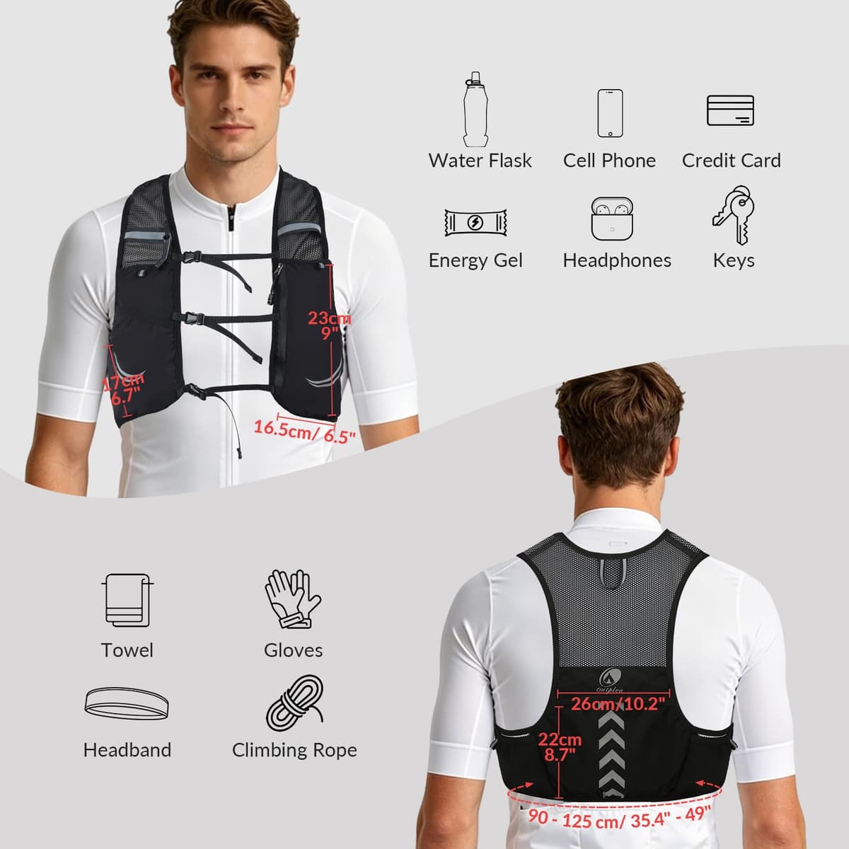 Chaleco para correr con 2 botellas de agua de 500 ml, mochila ligera para correr para hombre y mujer, chaleco de hidratación para correr, maratón, accesorios, M/L — view 2