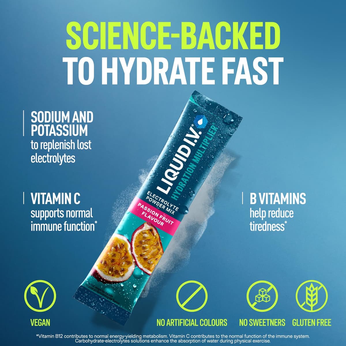 Liquid I.V. Hydration Multiplier Electrolyte Powder Mix, Passion Fruit Flavour, Electrolytes with 7 Vitamins & Minerals for Fast Hydration & Energy, Vegan and Gluten Free, 16 Sachet Sticks — view 3