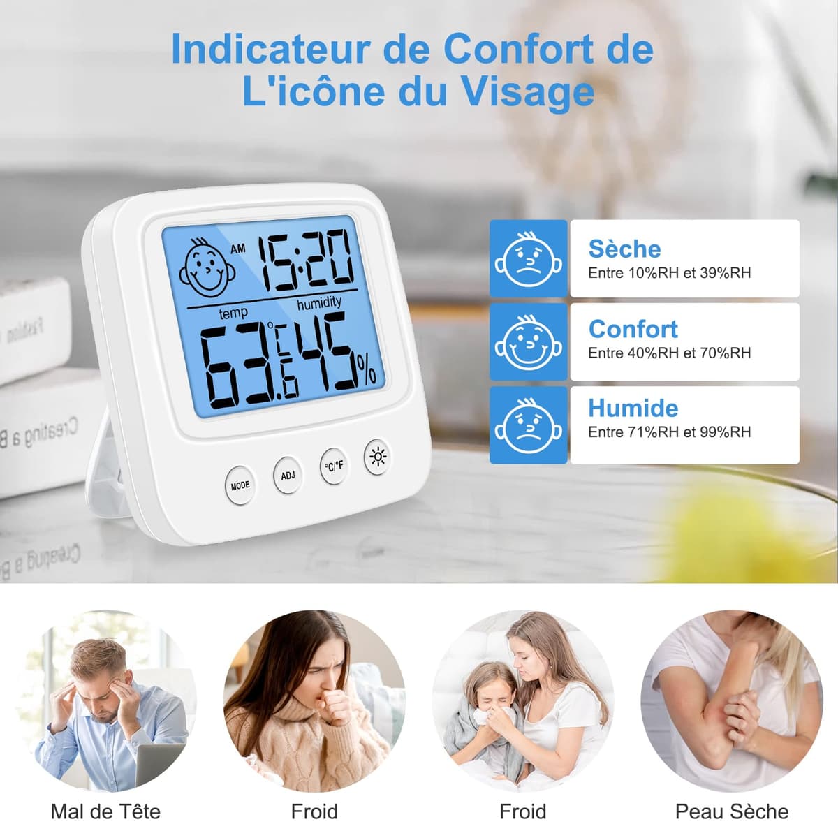 Vinabo High Accuracy Digital Thermometer Hygrometer Indoor Digital Hygrometer Desktop Digital Thermometer with Temperature and Humidity Monitor Backlight Clock — view 5