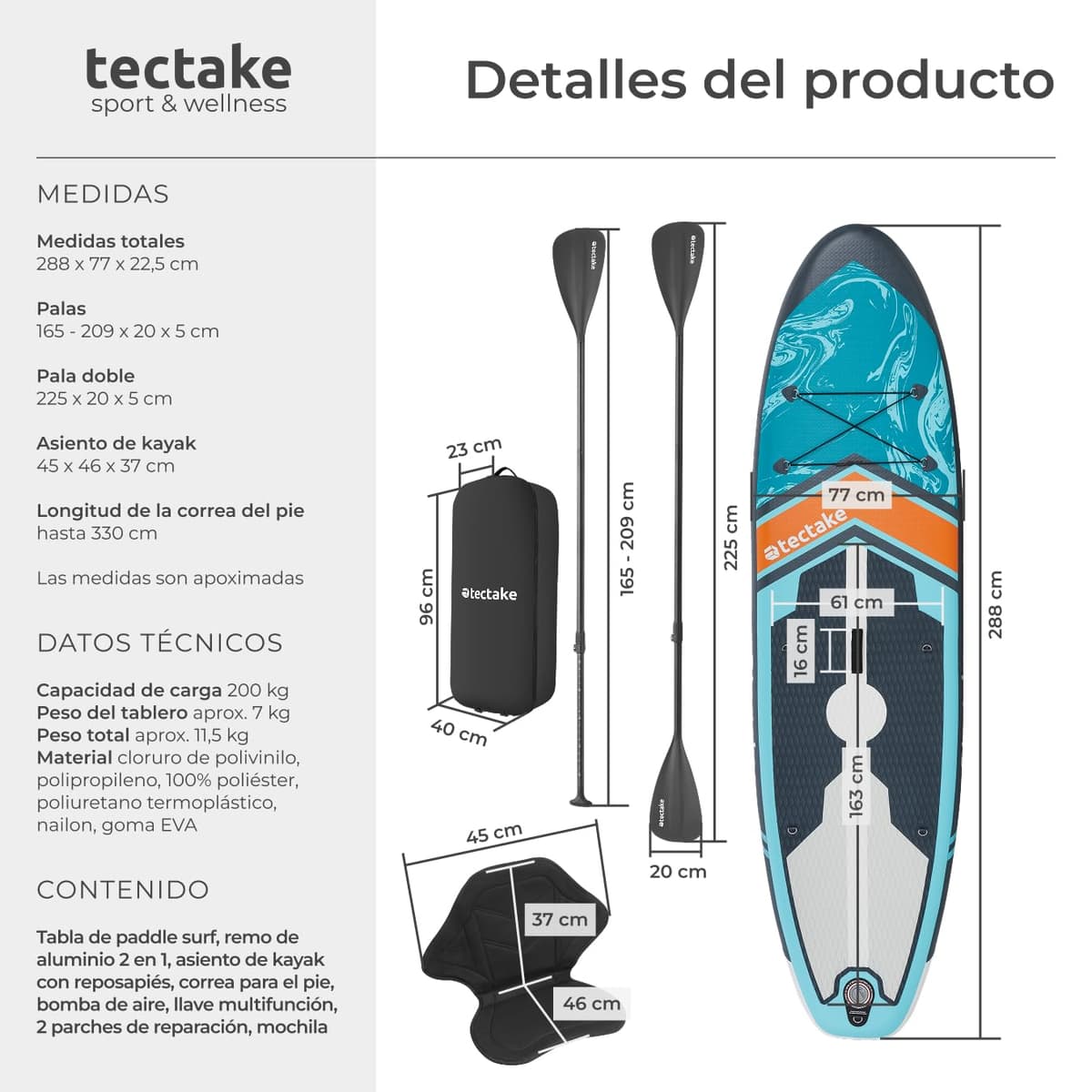 tectake® Tabla de Paddle Surf Hinchable, Incluye Remo 2 en 1, Asiento de Kayak, Bomba de Aire, Mochila de Transporte, Stand Up Paddle, Accesorios Paddle Surf, Tabla Hinchable — view 6