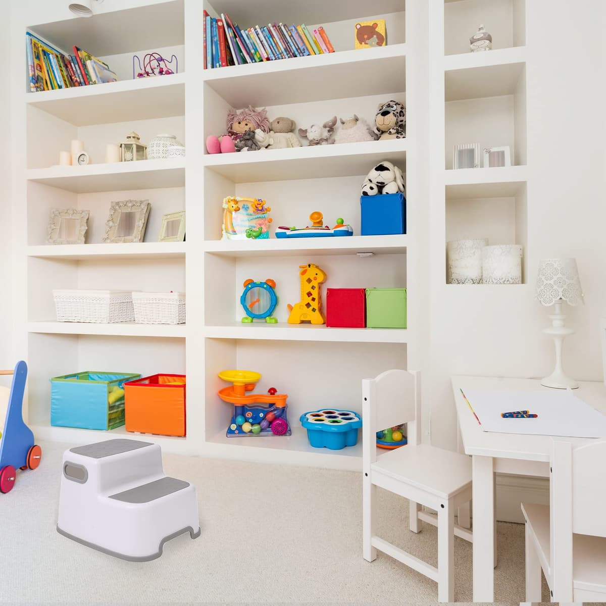 Straame Double Step Stool for Kids, Non-Slip 2 Step Stool for Toddlers with Built-in Handles, Step Stool for Potty Training, Bathroom and Kitchen, Sturdy and Practical Design (White) — view 4