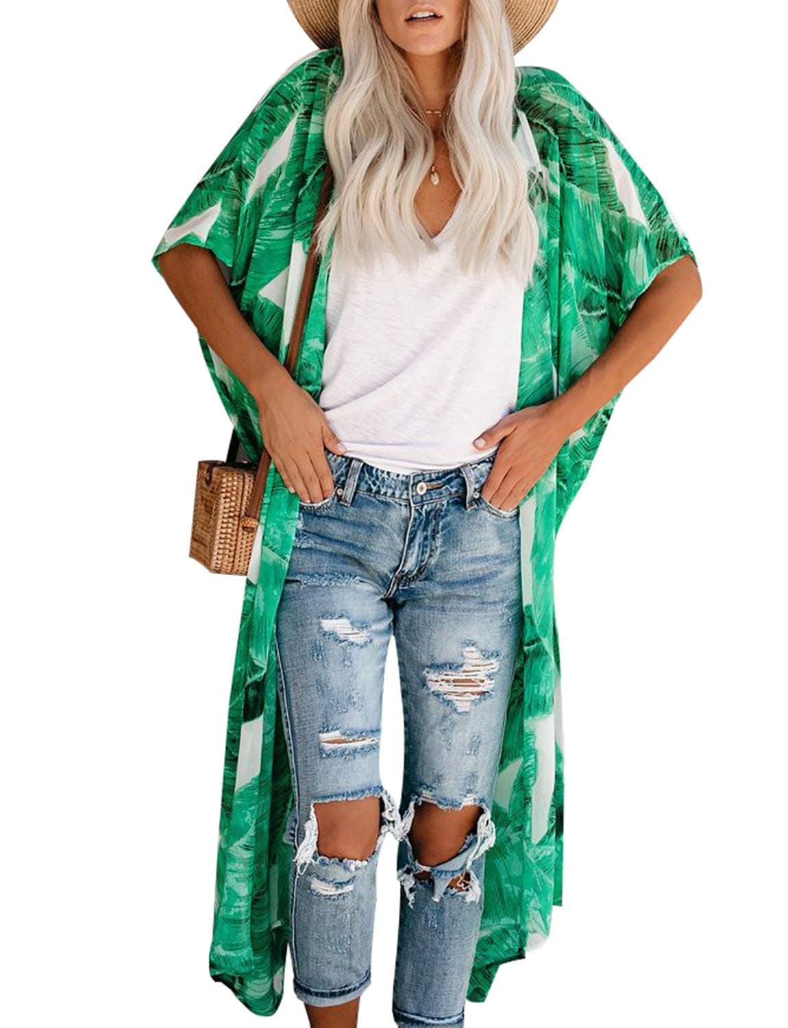 MayBuy Women's Summer Long Flowy Kimono Cardigans Boho Chiffon Floral Beach Cover Up Tops — view 21