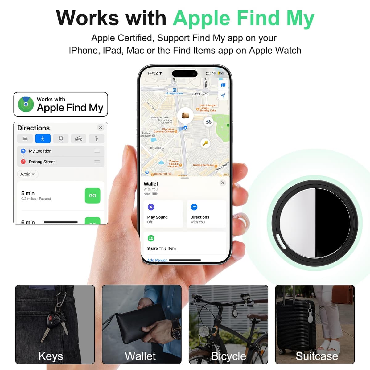 Air Tracker Tag Works with Apple Find My (iOS Only) Includes Replaceable Battery, Bluetooth Smart Item Locator Key Finder for Keys, Luggage, Wallet, Car, Bicycle (4-Pack-Black) — view 2