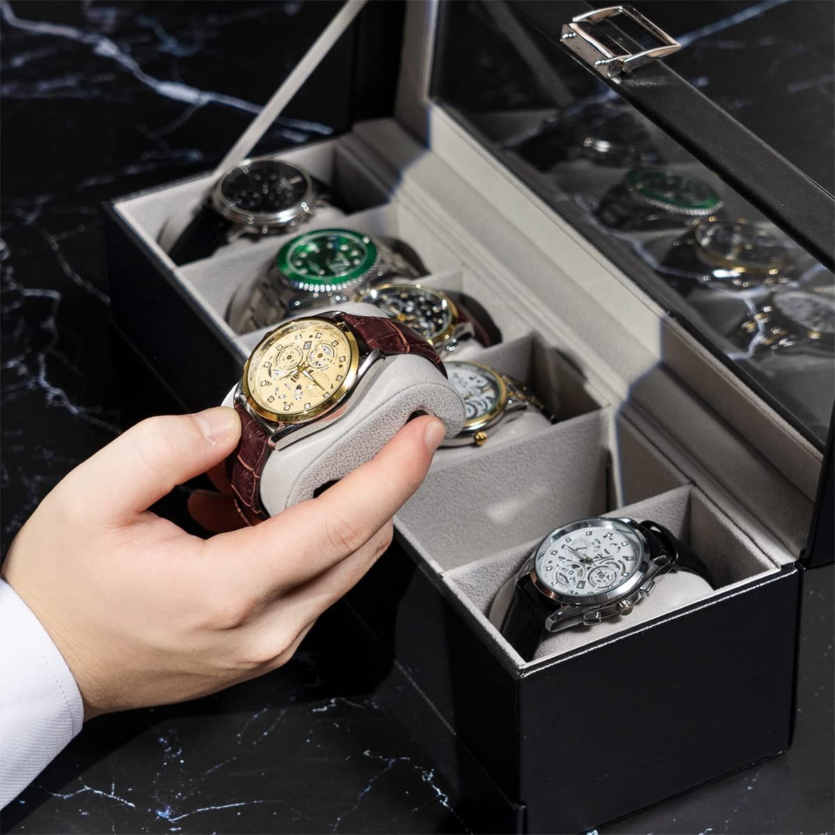 ProCase Caja de Relojes de 6 Ranuras con Cajón, Funda Organizadora de Reloj de 2 capas con Tapa de Cristal, Estuche de Almacenamiento para Hombres y Mujeres -Negro — view 4