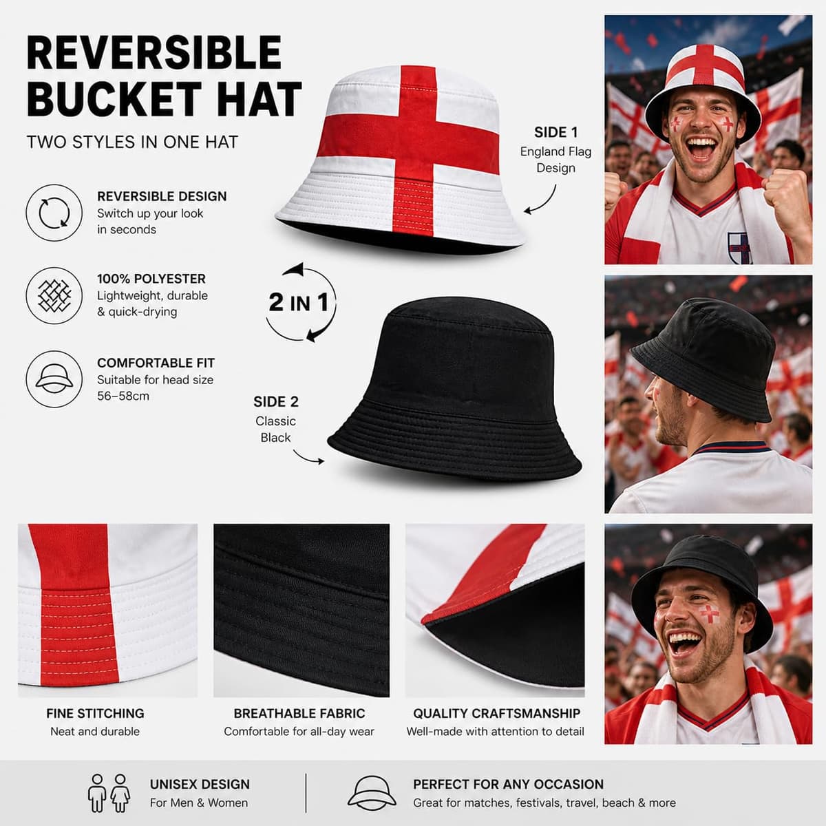 YESAH England Bucket Hat for World Cup,St Georges Cross Football Fan Sun Hat,England Fan Accessories Merchandise for 2026 Match Essential,Reversible 56-58cm,Men&Women White,Red — view 3