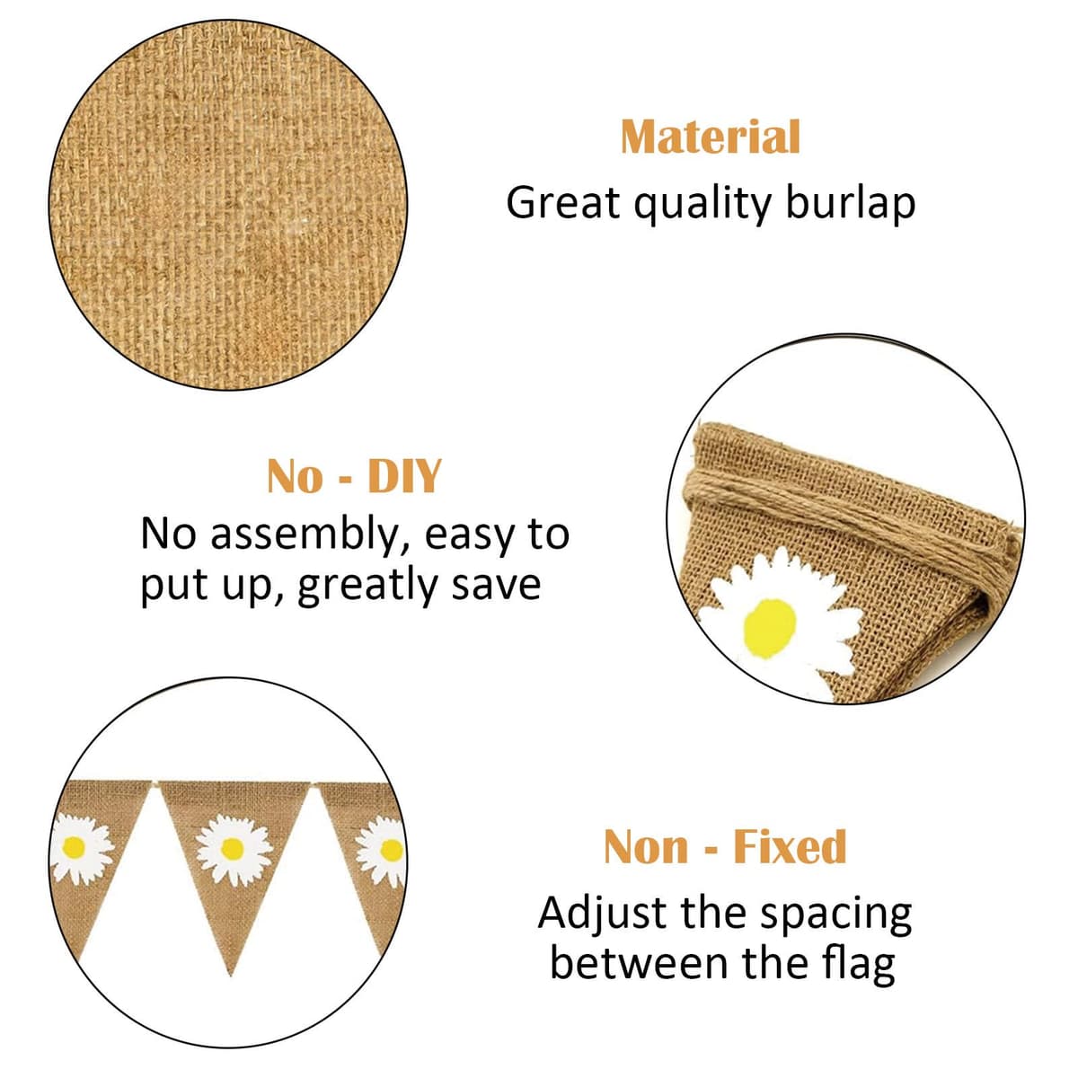 12 Pcs Daisy Burlap Bunting Banner, Garden Flower Bunting Decorations for Parties and Celebrations, Hessian Floral Bunting for Indoor and Outdoor Use, Easter Bunting for Home Decor — view 3