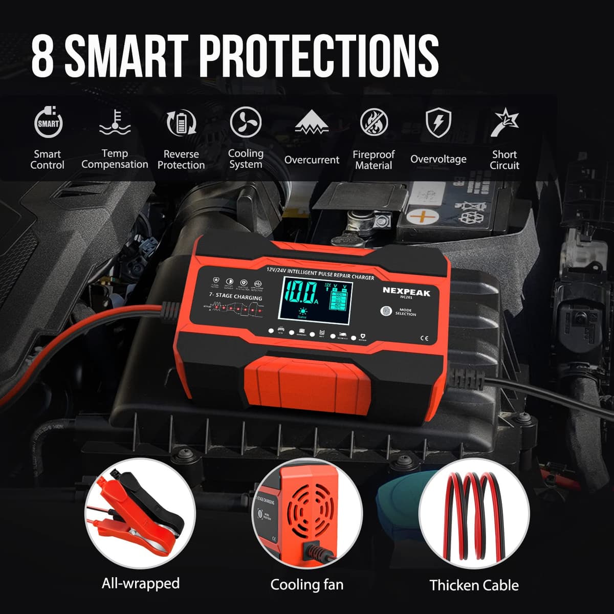 10-Amp Car Battery Charger, 12V and 24V Smart Fully Automatic Battery Charger with Temperature Compensation for Car Truck Motorcycle Marine Lead Acid Batteries — view 4
