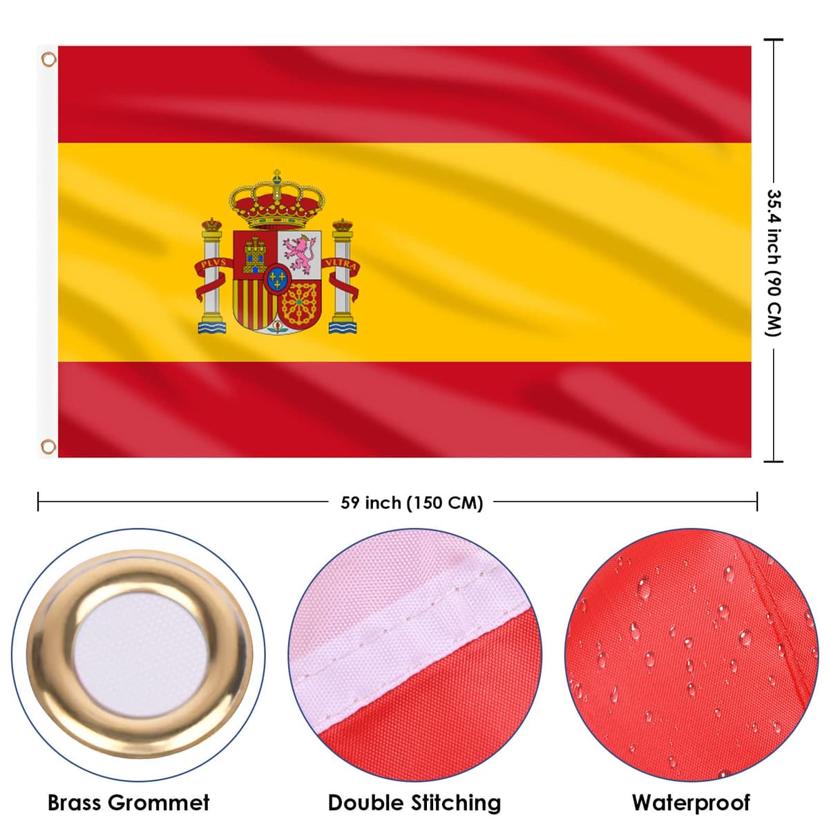 AhfuLife Bandera de España 90cm x 150cm, 2 Piezas Bandera Española con Agujeros de Latón en Ambos Lados, para Decoraciones de Fiestas, la Copa del Mundo, Día Nacional, Jardín, Calle — view 2