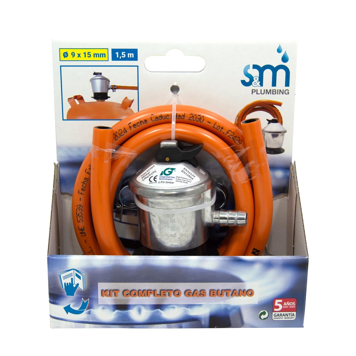 S&M 321771 - Kit completo butano: Regulador de gas butano + Tubo Goma 1,5 metros + 2 abrazaderas de seguridad | Homologado para España | Apto para cocinas, estufas, calderas y barbacoas — view 2