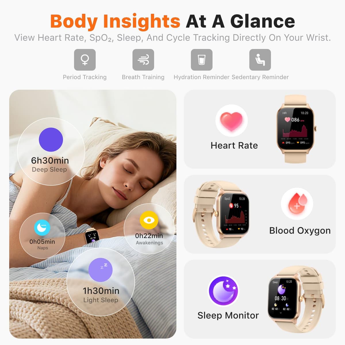 Kriutefy Smart Watch for Women Men - Answer/Make Call, Fitness Tracker Smartwatch for Android iPhone Compatible, Sleep Female Cycle, 120+ Sports Modes Step Counter (Champagne Gold, 2 Straps) — view 4