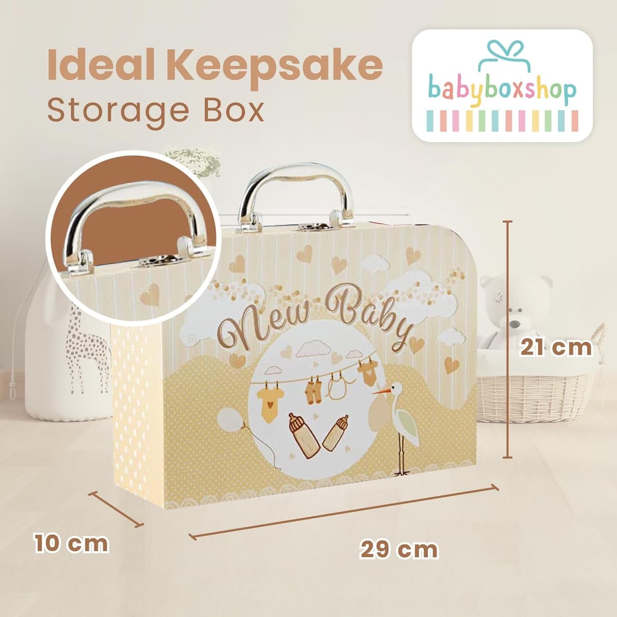 Newborn Baby Basket Briefcase Style - Cream Baby Keepsake Box with Bear, Muslin, Clothes and Other Baby Essentials - Baby Basket for Baby Shower — view 5