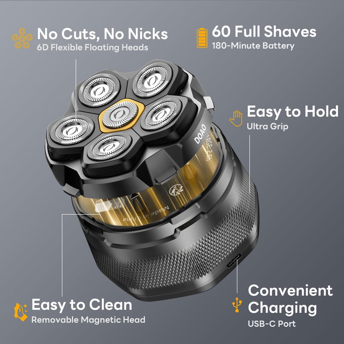 Head Shavers for Men, IPX7 Waterproof, 6D Magnetic Self-Sharpening Steel Blades, Smooth Shave in 3 Minutes, Wet & Dry, 180-Min Usage, Type-C Fast Charge, Easy Clean, LED Display, Gifts for Men — view 2