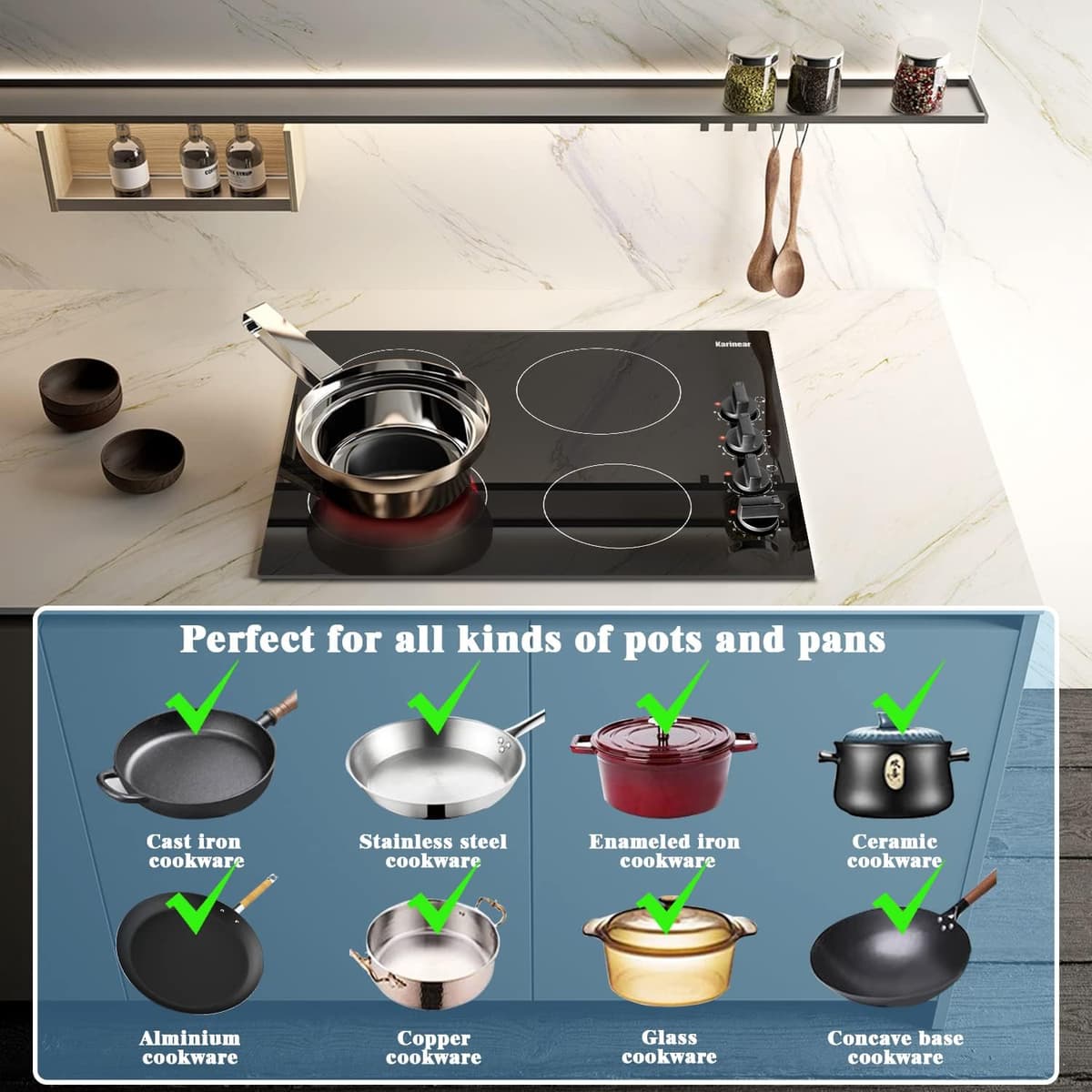 Karinear Ceramic Hob, 60cm Built-in 4 Zones Ceramic Hob with Konb Control 6000W, Hard Wired, No Plug Included — view 2
