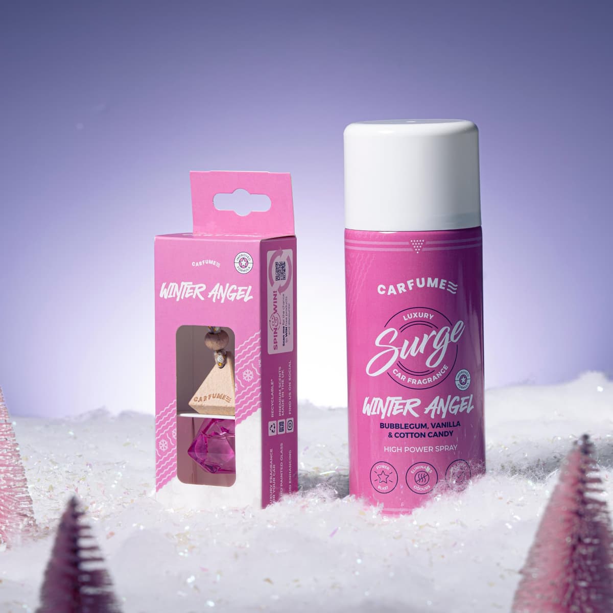 Carfume Winter Angel Car Air Freshener Twin Pack | Limited Edition Scent | Bubblegum, Vanilla & Cotton Candy Fragrance - Diffuser & Surge Can Bundle - Luxury Pink Car Accessory Gift For Women — view 2