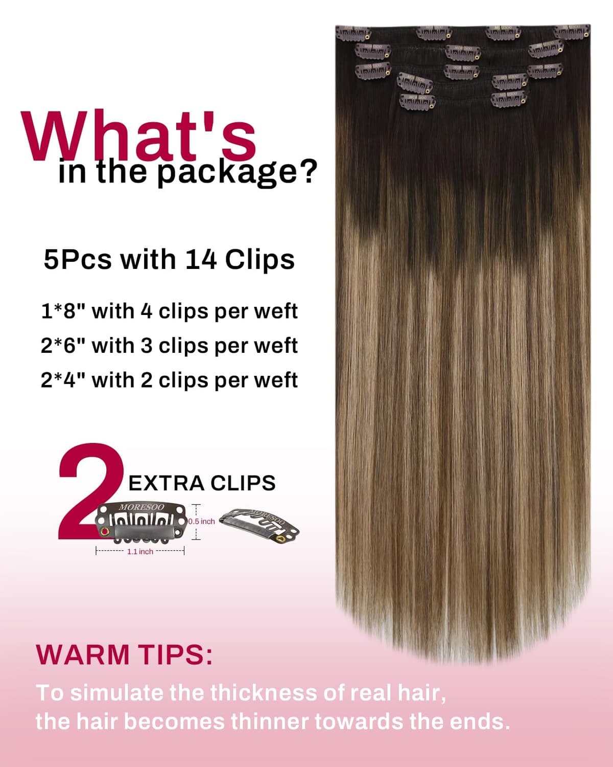 Moresoo Brown Clip in Hair Extensions Balayage 16 Inch Ombre Golden Brown with Honey Blonde Hair Extensions Clip in Real Human Hair 80g 5 Pieces Straight Hair #4/10/16 — view 3