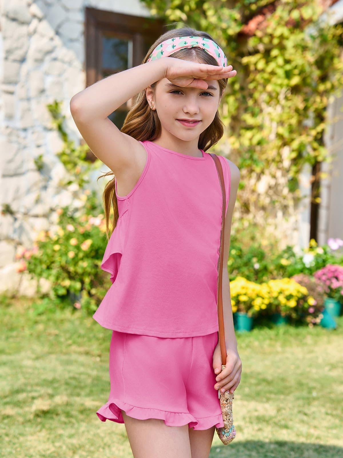 Haloumoning Niñas Conjuntos de ropa de verano con volantes, camisetas sin mangas con pantalones cortos, monocolor, ropa linda, conjuntos de ropa informal, de dos piezas — view 5
