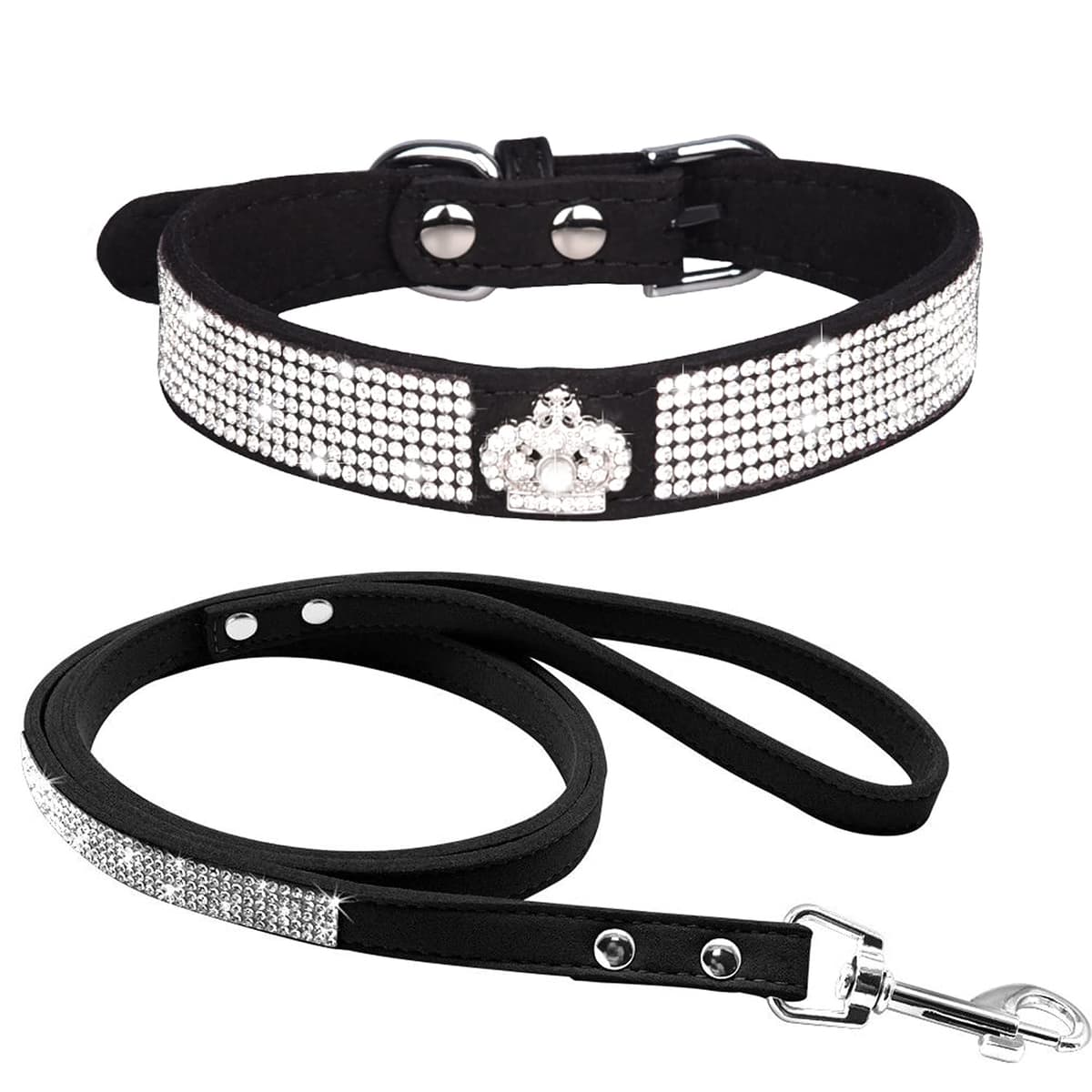 Cute Dazzling Sparkling Elegant Fancy Soft Suede Leather Bling Rhinestone Crystal Jeweled Pet Cat Dog Puppy Collar Dog Leash Combo Set (S, Black-2) — view 19